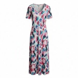 Pure Collection Dress‎ Womens 12 Multicolor Tropical Linen Short Sleeve Maxi